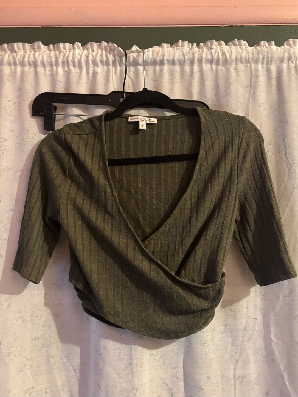 Express Olive Ribbed Wrap Crop Top - Women